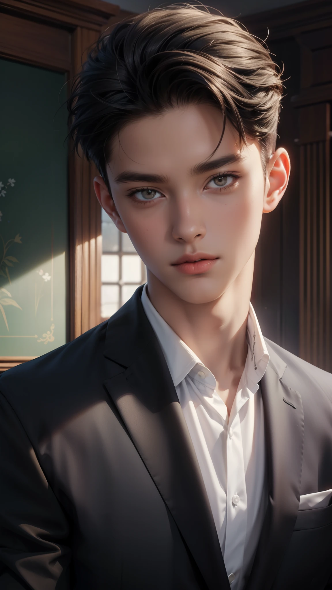 ((Best quality)), ((masterpiece)), (detailed), ((perfect face)), ((halfbody)) perfect proportions ,He is a handsome student, 18 years old, short hair, obsidian hair, topless Student uniform, school uniform, there is a background of a detailed school room with colorful vibe ((perfect face)) detailed scenery 