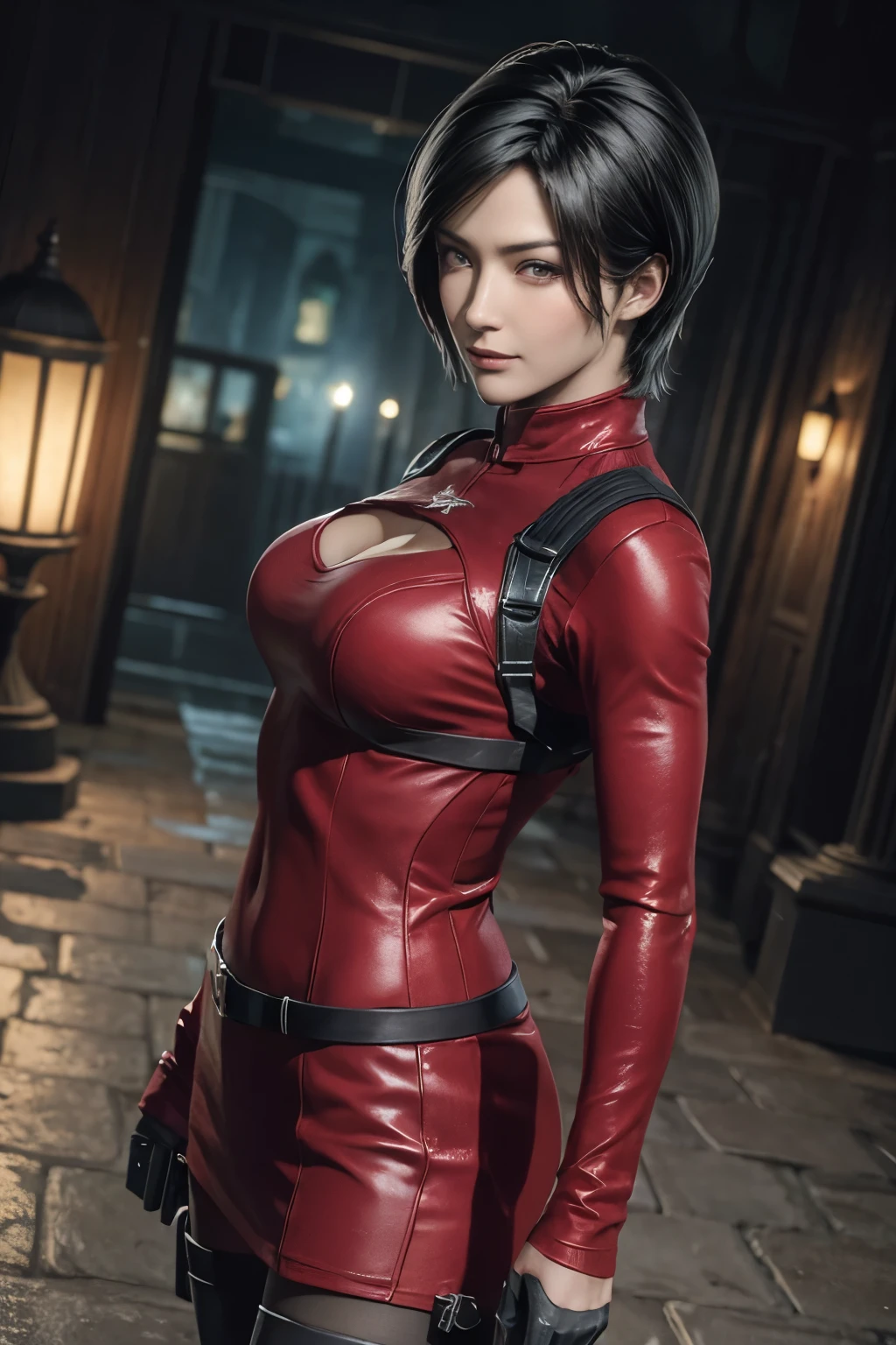 1 rapariga， solo， Ada Wong in Resident Evil 4 Remake， short detailed hair， brunette color hair， Red cheongsam， Short-sleeved shirt， Nero， nedium breasts， upper limbs， hindquarters， Black heels， Adriana's face， Find your audience， sly smile， A pistol was hung on her waist， best qualtiy， hight resolution：1.2， 18th century village in the background， Shadowing， Nightmare， rays of moonlight， Upper body photography， Low camera angle、depth of fields、center focused