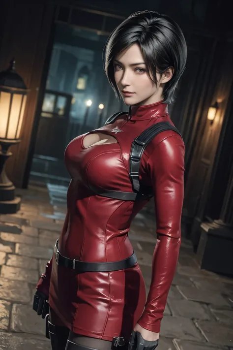 1 rapariga， solo， ada wong in resident evil 4 remake， short detailed hair， brunette color hair， red cheongsam， short-sleeved shi...