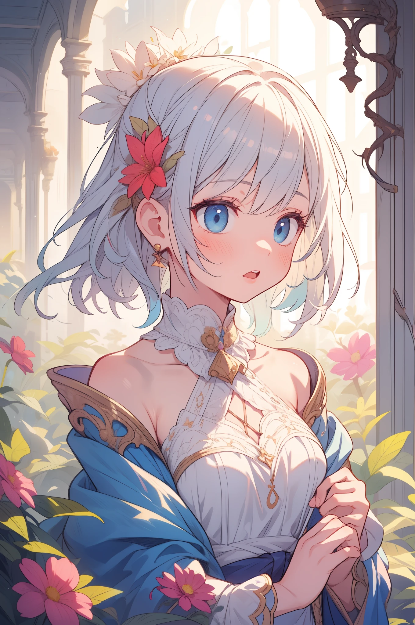 a girl with pastel hair and a complementary colored dress with flowers around her neck and shoulder, with a flowers in her hair, two-tone hair, Charlie Bowater, stanley artgerm lau, a character portrait, fantasy art, (cartoon:1.3), looking away,