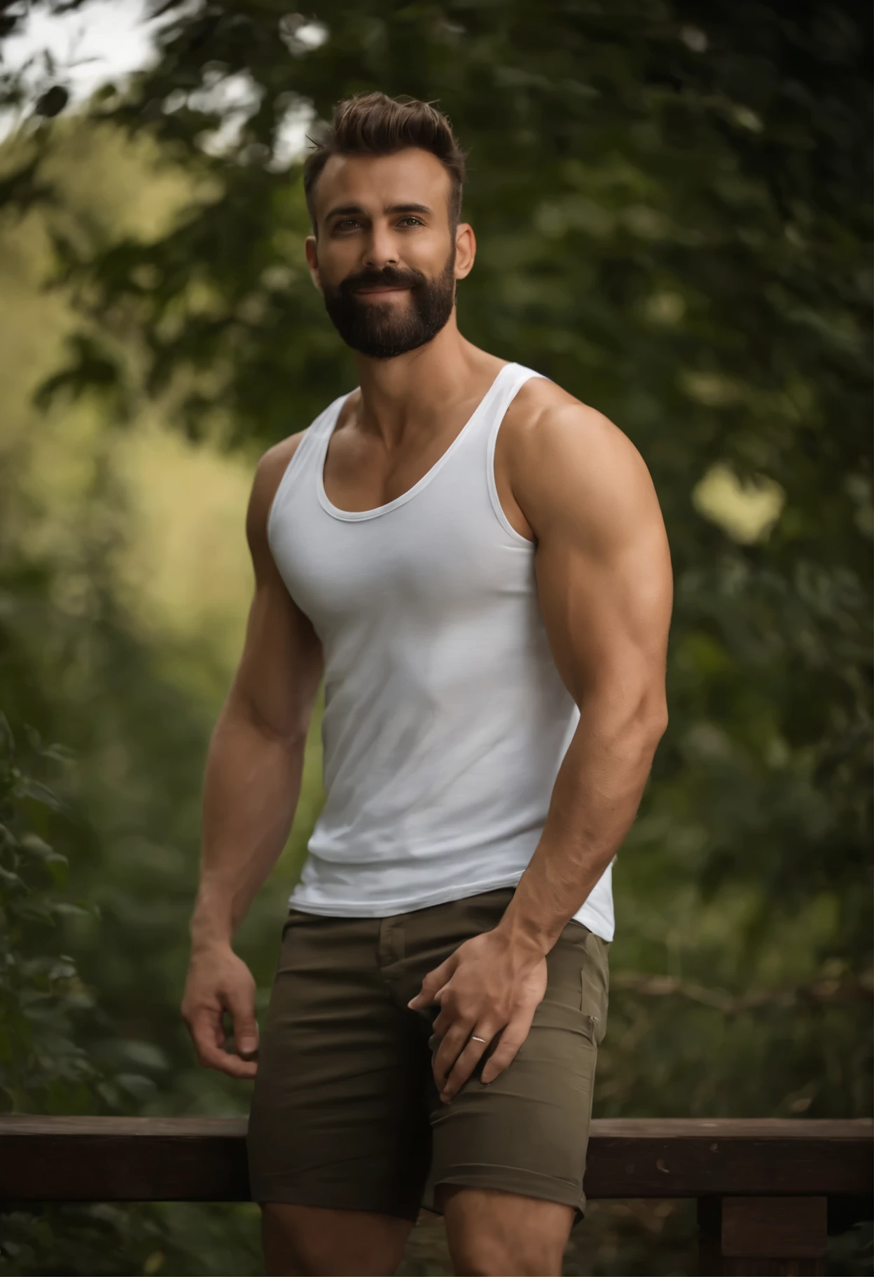 Arafed man in white tank top standing on a wooden bridge - SeaArt AI