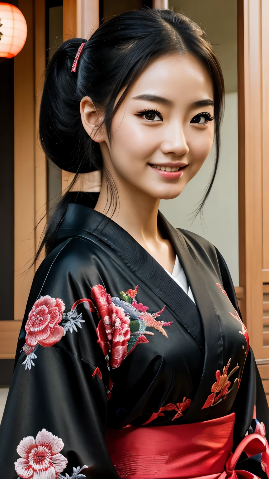 (걸작), 최상의 품질, 표정이 풍부한 눈, 완벽한 얼굴을 가진 아름다운 만화 일본 여자, 만화 귀여운 애니메이션, 아름다운 일본 기모노, 기모노에는 용이 자수되어 있습니다.... 검정과 빨강 기모노 색상, 일본 여성&#39;긴 머리, 검은 머리 색깔, 포니테일 헤어스타일, 외꺼풀, 두건을 쓴 눈 스타일, 관능적인, 가라앉다, 매혹적이고 신비로운., 표정 미소., 아름다운 사진 상황.