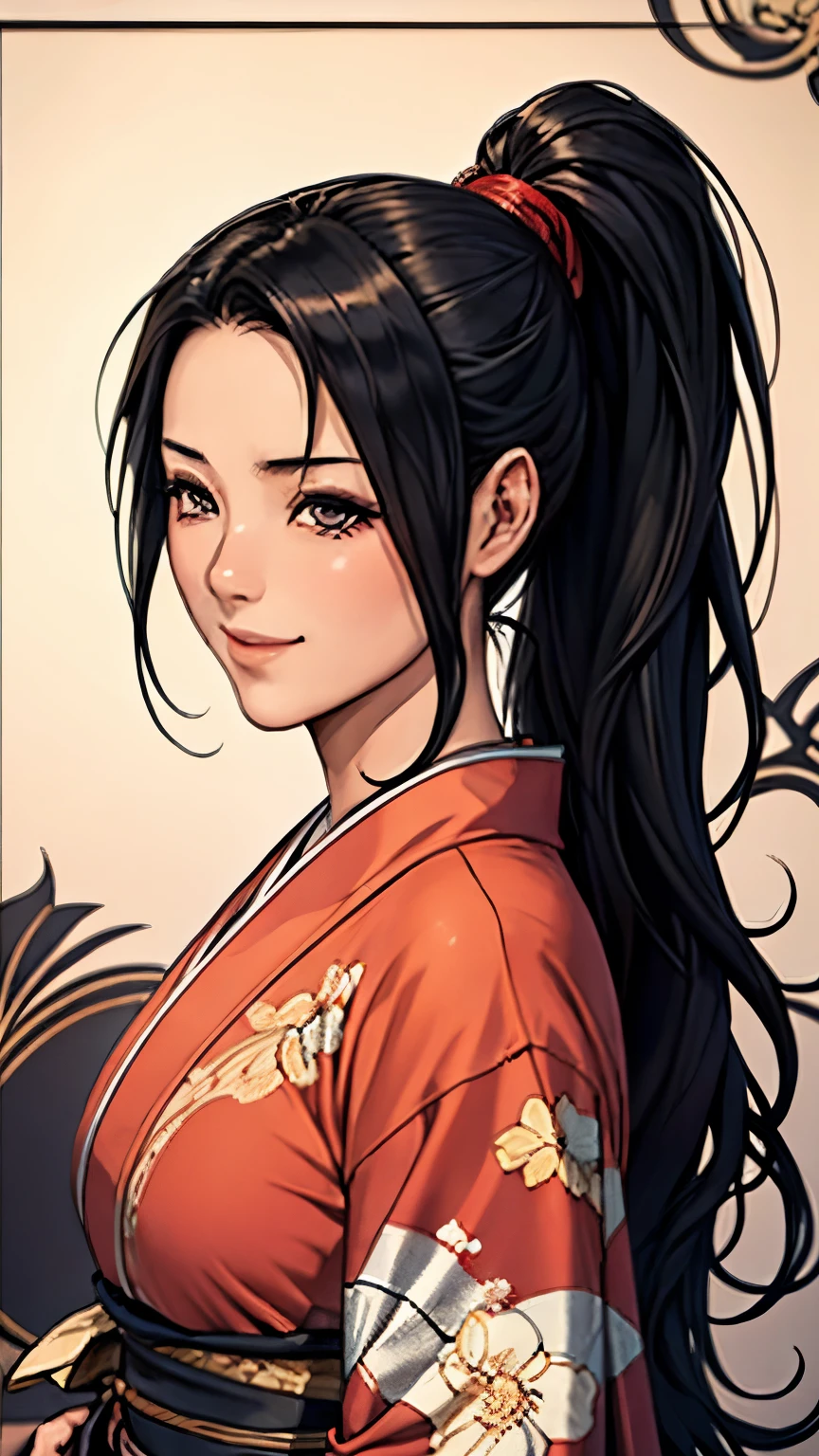 (masterpiece), highest quality, expressive eyes, Beautiful cartoon Japanese woman with perfect face, cartoon cute anime, beautiful japanese kimono, The kimono has a dragon embroidered on it... black and red kimono colors, Japanese women&#39;s long hair, black hair color, ponytail hairstyle, single eyelid, hooded eye style, sensual, Sank, fascinating and mysterious., facial expressions smile., beautiful photo situation.