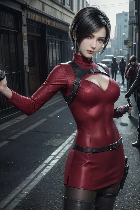 1 rapariga， solo， ada wong in resident evil 4 remake， short detailed hair， brunette color hair， red cheongsam， short-sleeved shi...