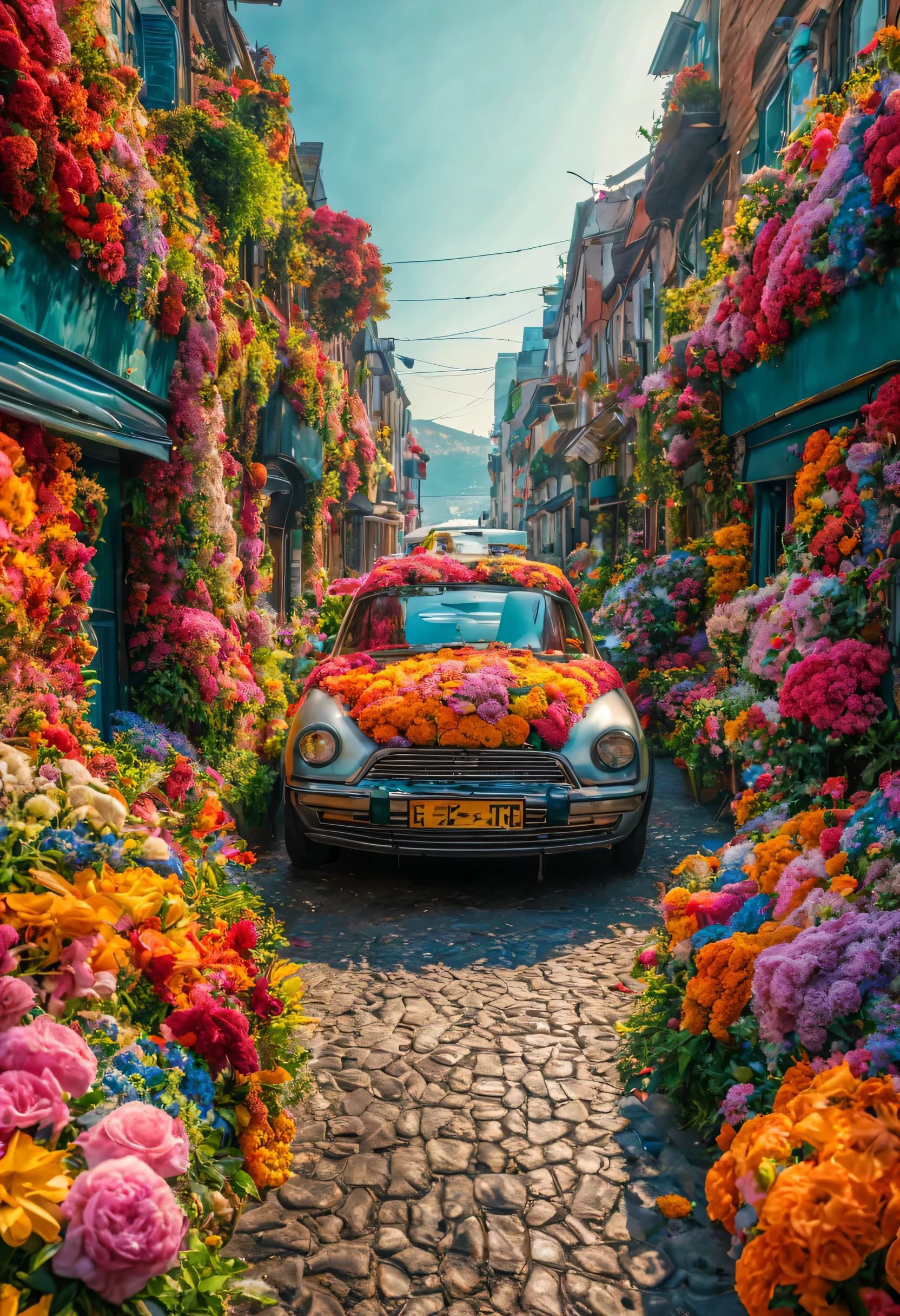 Realistic photo, fantasy, futuristic, sci-fi, Sea of flowers, City, view od street covered by flowers, plenty od colorful flowers, walls covered by flowers, cars covered by flowers, vivid colors, a beautiful woman wandering the streets of a city completely covered with colorful flowers, raw photo, 8k, HDR, depth of field, 8k, 