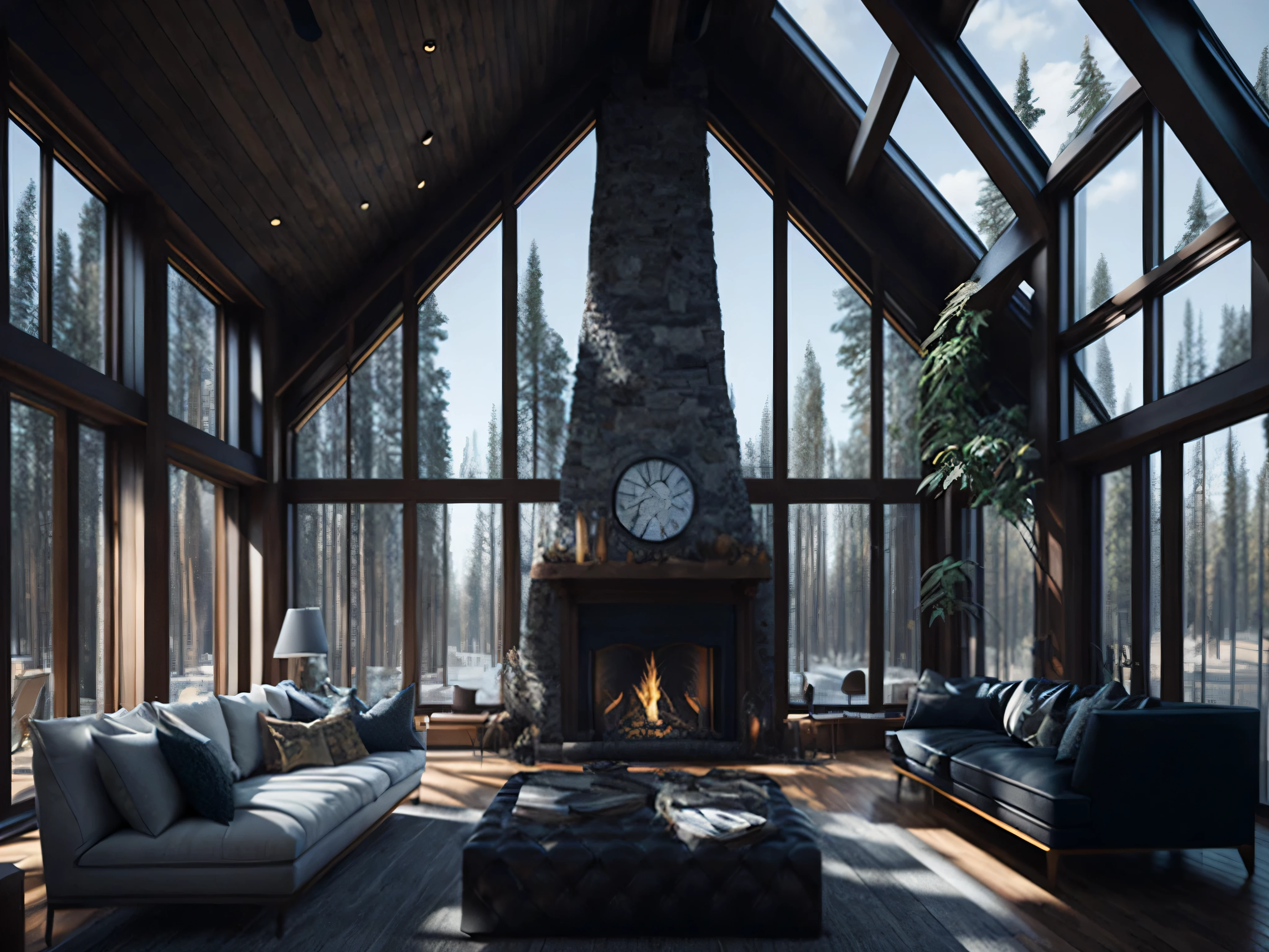 arafed living room with a fireplace and a large window, cozy environment, cozy living room, warm interior, cozy place, architectural visualization, warm living room, unreal engine realistic render, cozy and calm, cozy living room interior, house in forest, epic natural light, cozy contemporary living room, relaxing environment, beautiful interior, cottage in the forest