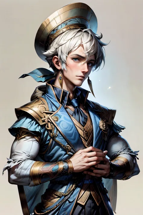 ultra high definition，Ancient male protagonist，Two-dimensional painting style，bust figure，Off-white background，indecisiveness，Cl...