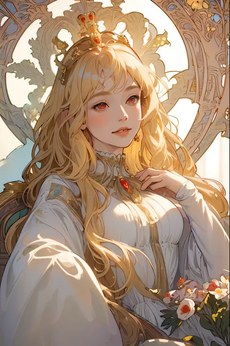 (masterpiece, highest quality), 1 girl, alone, (Queen:1.15), blonde, long hair, curtain, white dress, queen dress, aurora, (sunl...