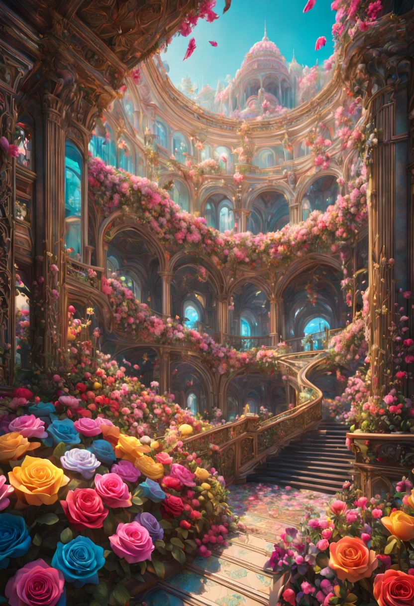 sea of flowers, aesthetic, extremely detailed complex "Shiny Diamond Filigree Rose!!!", a breathtaking epic masterpiece artwork. maximalist highly detailed and intricate professional photography, a_masterpiece, 8k resolution concept_art, Artstation, triadic colors, Unreal Engine 5, cgsociety, octane_photograph