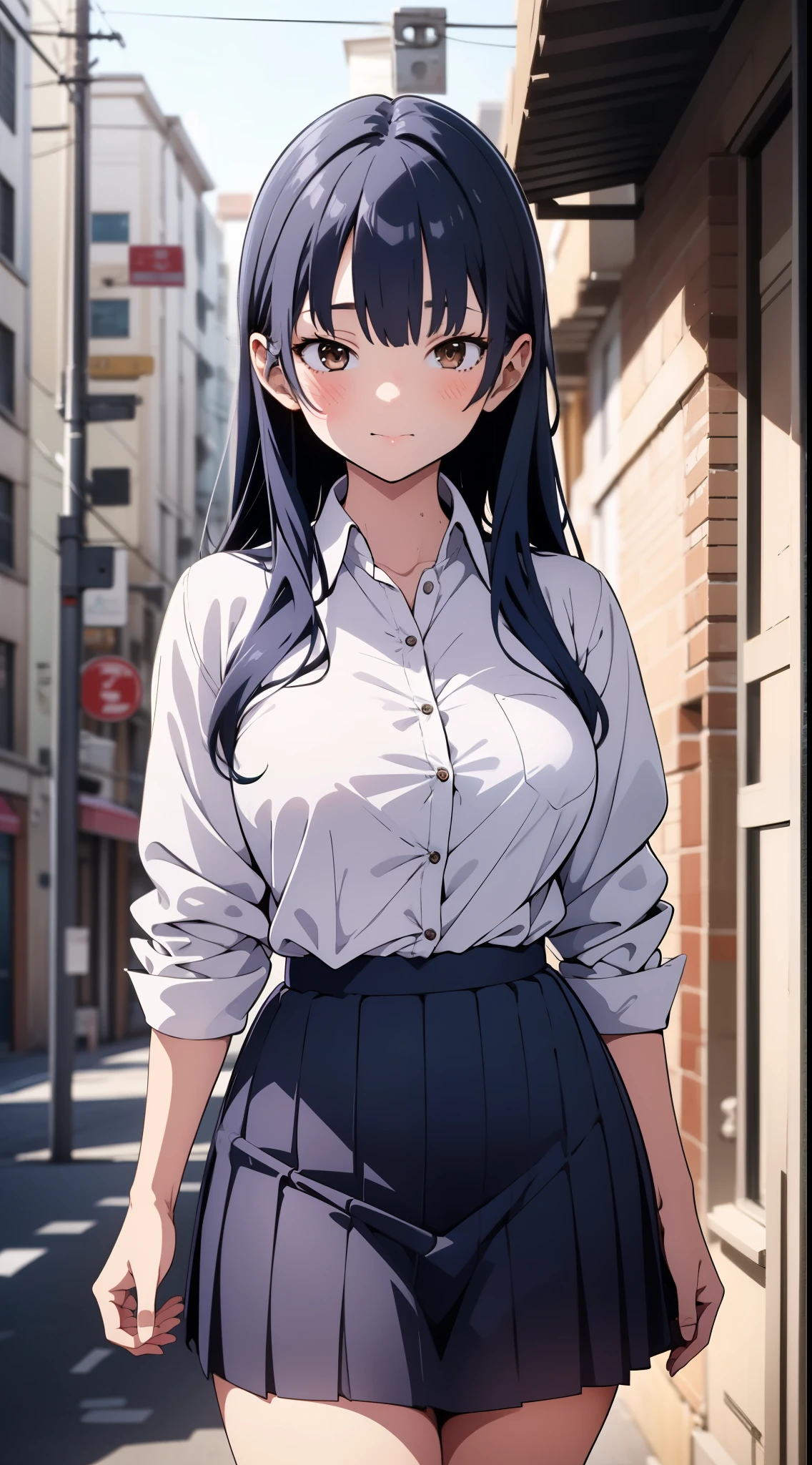 Anime girl in a short skirt and shirt walking down a street - SeaArt AI