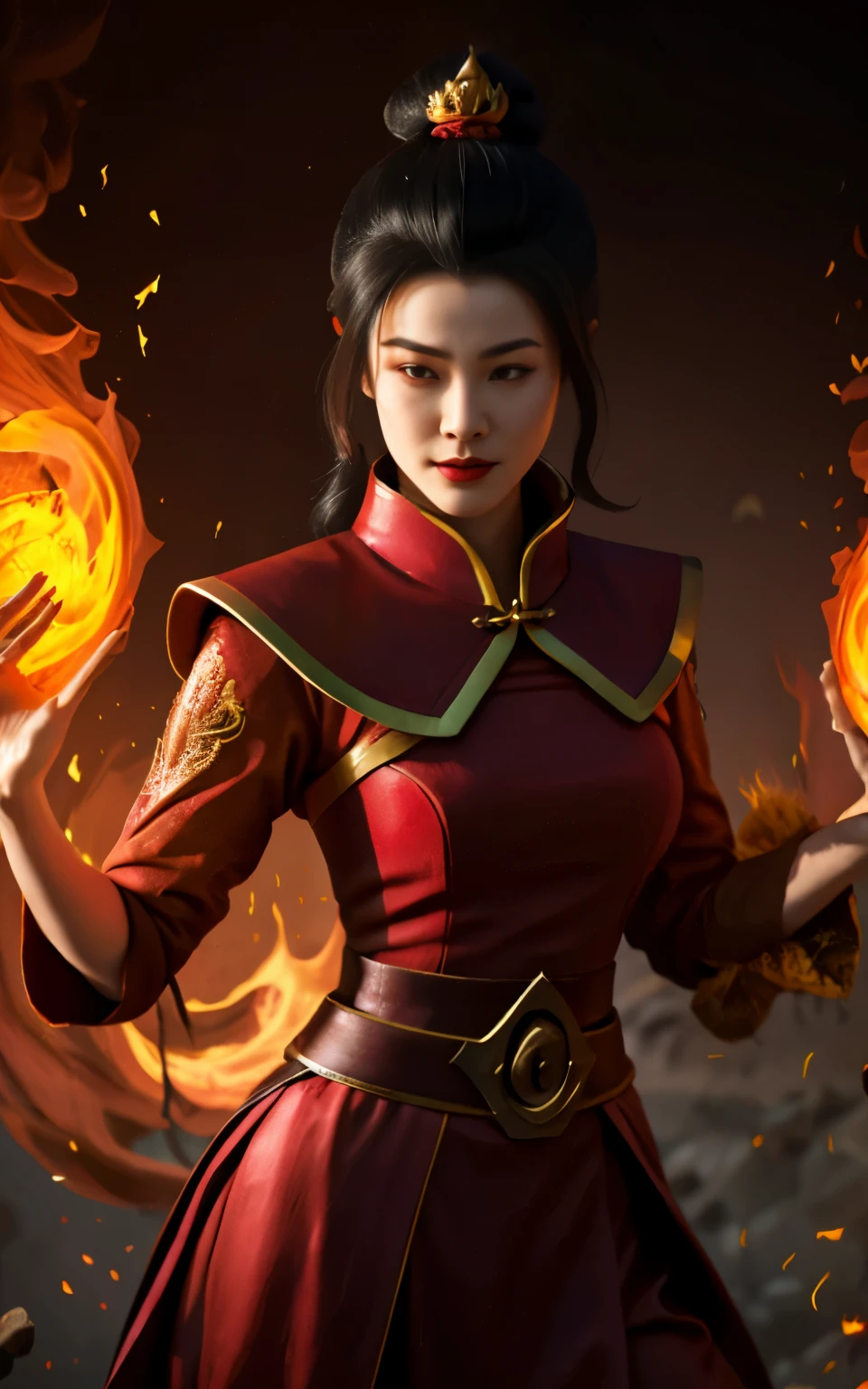 Azula ในชุดสีแดงมีมังกรอยู่บนหน้าอก, แรงบันดาลใจจากจูเหลียน, นักเวทย์ไฟ, แรงบันดาลใจจากหลี่เหมยซู, ผู้เรียกครึ่งหนึ่ง ครึ่งหนึ่งของเมกุมิน, แรงบันดาลใจจากปู่หัว, ปรากฏเป็นเทพีแห่งไฟ, เบียนเหลียน, แรงบันดาลใจจากโจ ปู้ซิง, เฮส จินเหยา, ราชินีไฟ, ชุดดับเพลิง, เธอมีพลังไฟ,  เต้านมใหญ่