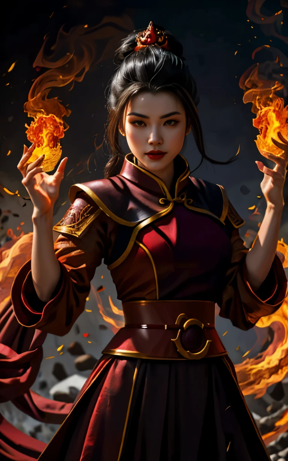 Azula con un vestido rojo con un dragón en el pecho., inspirado en Ju Lian, Mago de fuego, inspirado en Li Mei Shu, mitad invocador mitad megumin, pecho grande, inspirado en Pu Hua, Aparece como la diosa del fuego., bian lian, Inspirado por Cao Buxing, heise jinyao, la reina del fuego, vestido de fuego, ella tiene poderes de fuego,  
