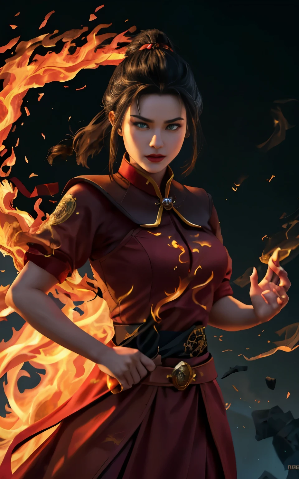 Azula in a red dress with a dragon on her chest, (4k), (masterpiece), (best quality),(extremely intricate), (realistic), (sharp focus), (award winning), (cinematic lighting), 1girl, 18 year old, caucasian, green eyes, perfect eyes, perfect iris, perfect pupils, perfect lips,perfect nose, perfect hands, very detailed hands, perfect fingers, black hair, short hair, straight hair, small braid in her hair, (((fire goddess, wrapped in fire, wrapped in flames, she burns, circle of fire, body is burning with fire, hair is burning with fire, wearing fire, burning from hands, fire, fire and smoke background,fighter pose)))