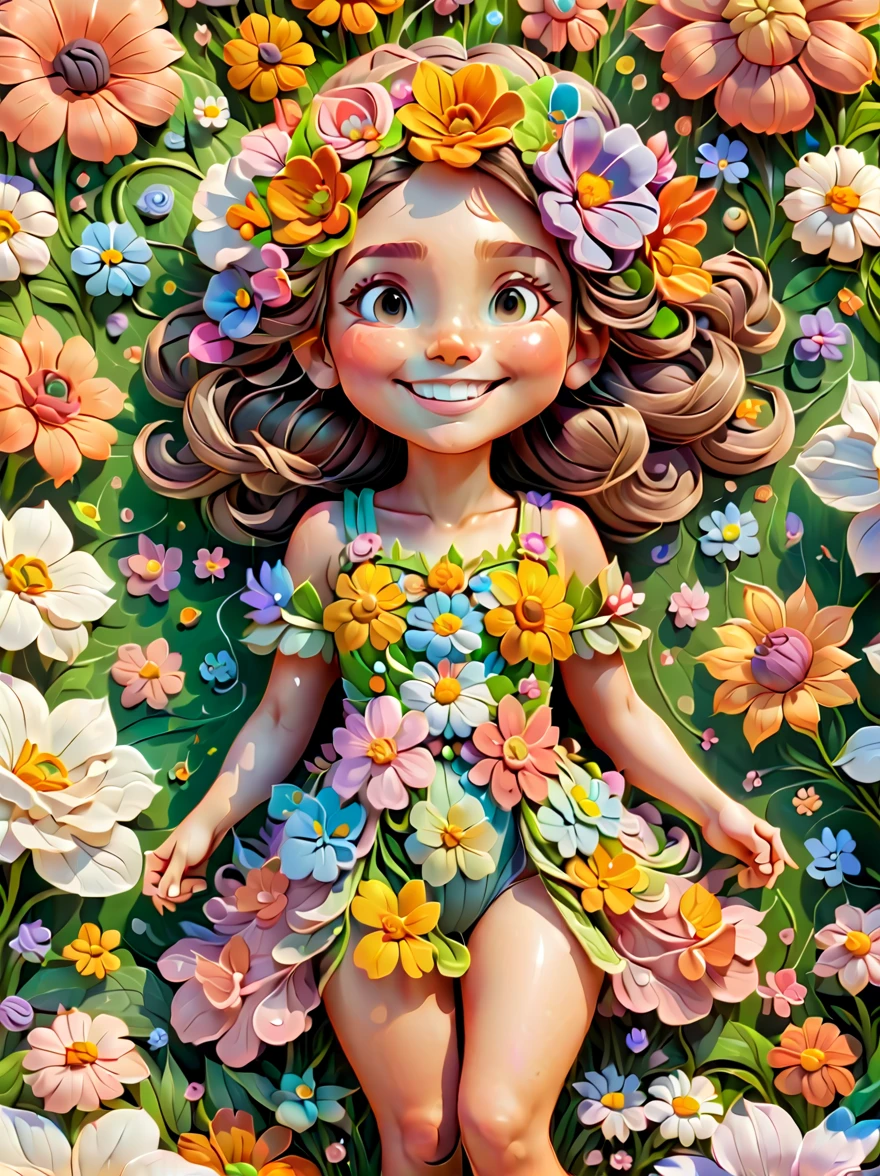 Cute little girl wearing a costume made of flowers lying among the flowers in the clouds，world of flowers，Happy smile，animation aesthetics，furry art，3d cable weave，Seamless full-screen pattern，Exquisite，Warm color scheme，8K，Ultra high detail minimalist background