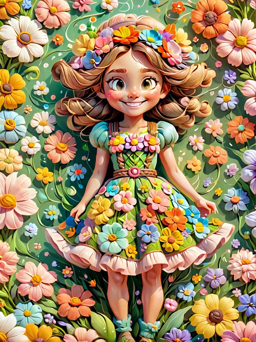 Cute little girl wearing a costume made of flowers lying among the flowers in the clouds，world of flowers，Happy smile，animation aesthetics，furry art，3d cable weave，Seamless full-screen pattern，Exquisite，Warm color scheme，8K，Ultra high detail minimalist background