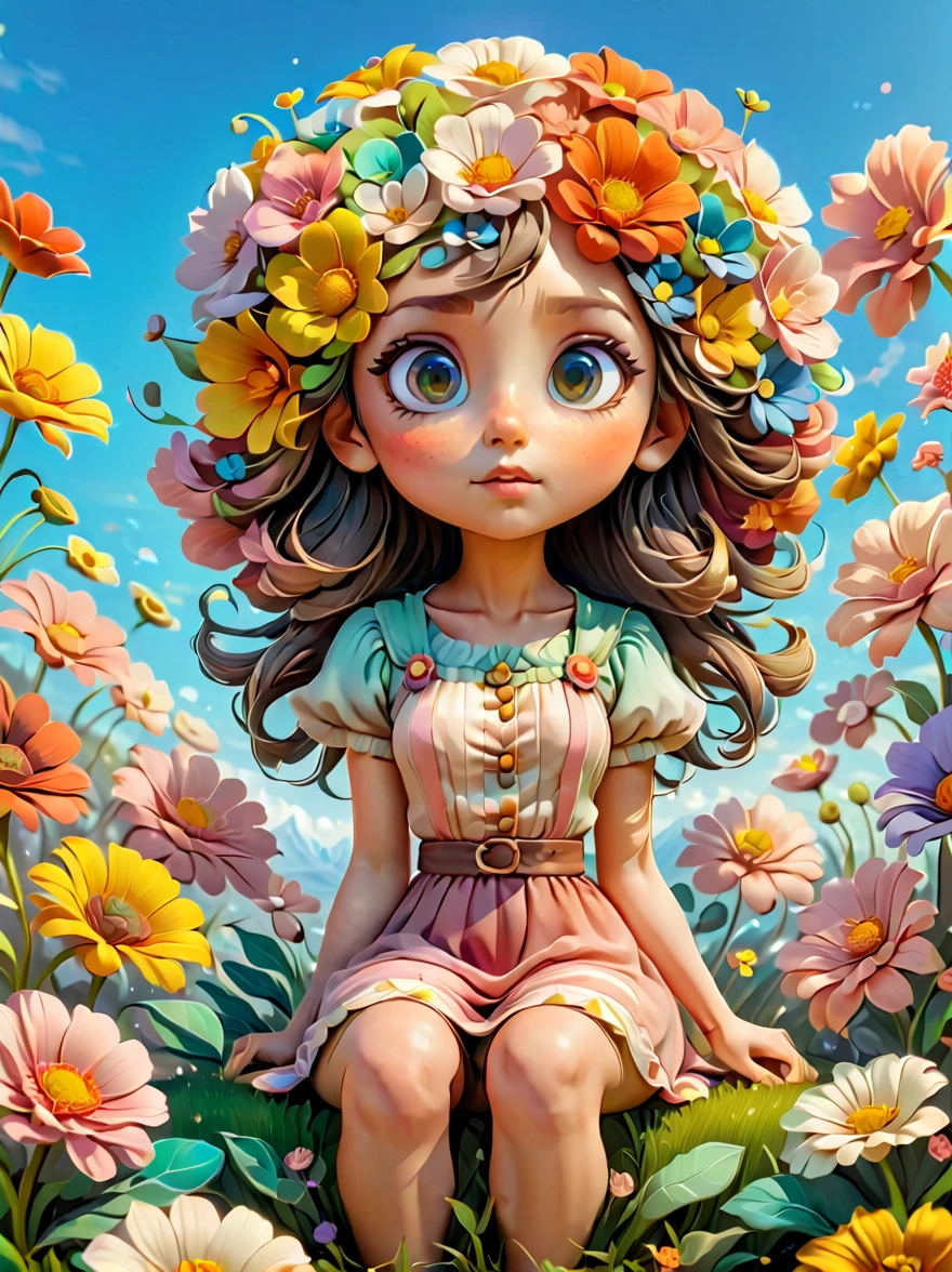 Very realistic 3D rendered images，With amazing views。Avatar style color scheme，The theme is a world of spring flowers，A super cute little girl character IP，charming big eyes，Sitting on a huge flower in front of the audience，seems to be dreaming，clear sky，Pixel，IP，blind box，clay material，Pastels，studio lighting。Front，octane rendering，Blender，super quality，vivid brushstrokes