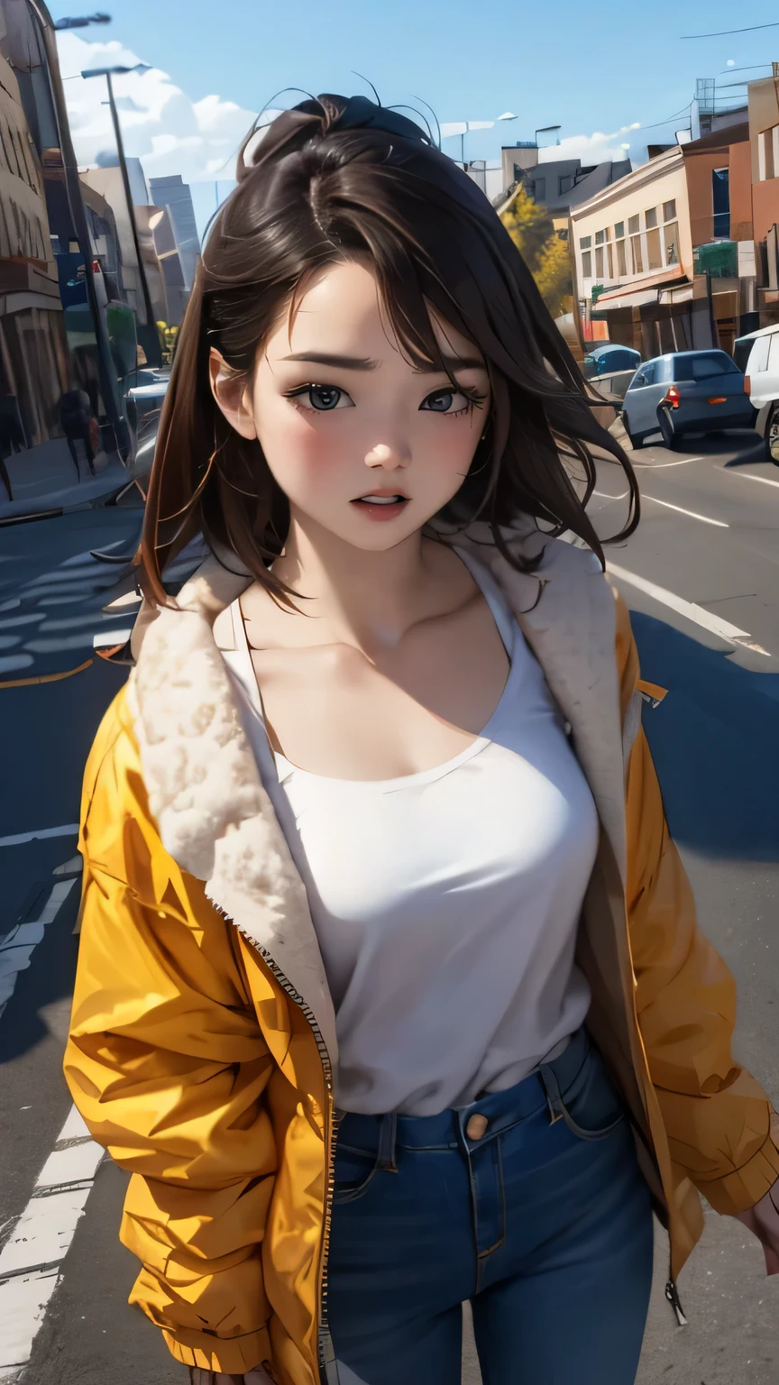 a westerner woman looks at the sky, windy, round face, smile, downtown area, aerial angle, casual clothes, jacket,