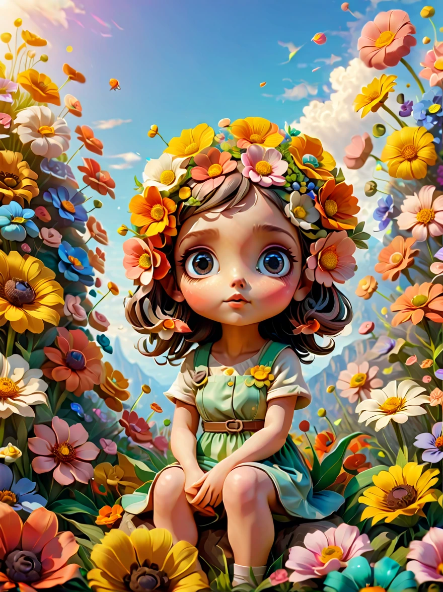 Very realistic 3D rendered images，With amazing views。Avatar style color scheme，The theme is a world of spring flowers，A super cute little girl character IP，charming big eyes，Sitting on a huge flower in front of the audience，seems to be dreaming，clear sky，Pixel，IP，blind box，clay material，Pastels，studio lighting。Front，octane rendering，Blender，super quality，vivid brushstrokes