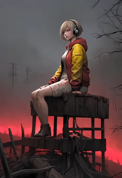 Heather from Silent Hill, wearing headphones, sitting on a wooden fence on an extremely foggy hill. The image shows the full bod...
