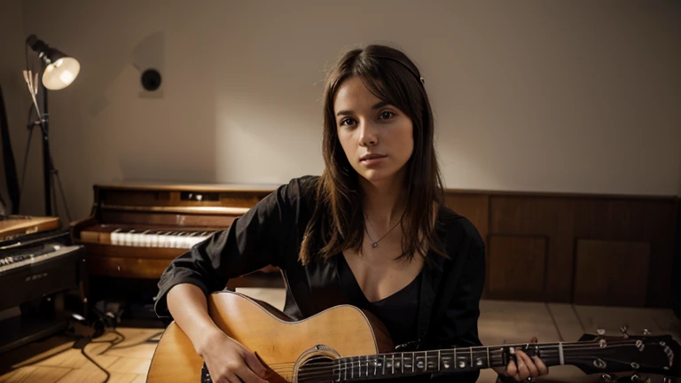 Crée une image d'une femme musicienne, avec une guitare ou un piano.