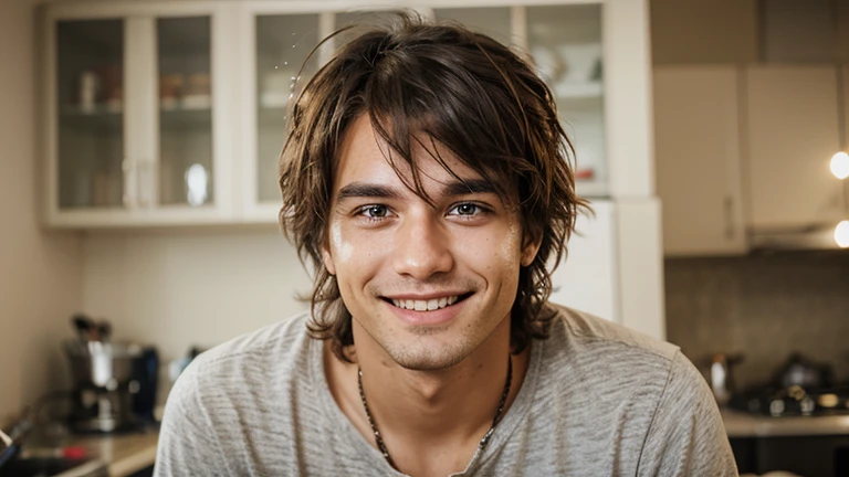 Generates an image of a smiling man, with sparkling eyes and messy hair.