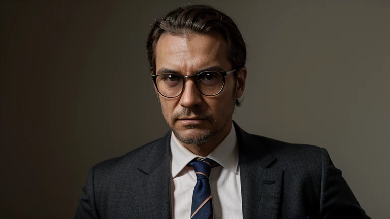 Creates an image of a serious man, avec des lunettes sur le nez et un costume strict.