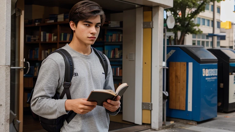  Creates an image of a male student, with a backpack and books.