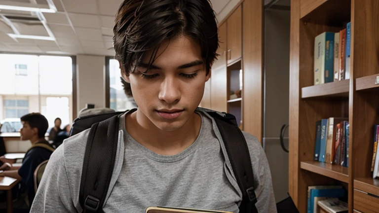  Creates an image of a male student, with a backpack and books.