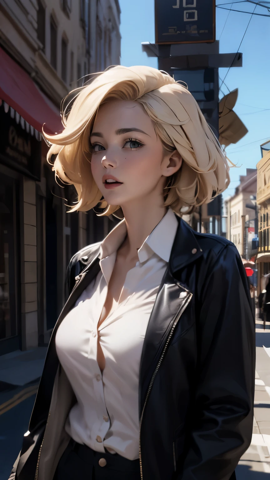 a westerner woman looks at the sky, windy, light colored hair, round face, smile, downtown area, unbuttoned shirt, (swollen areolas), casual clothes, jacket,