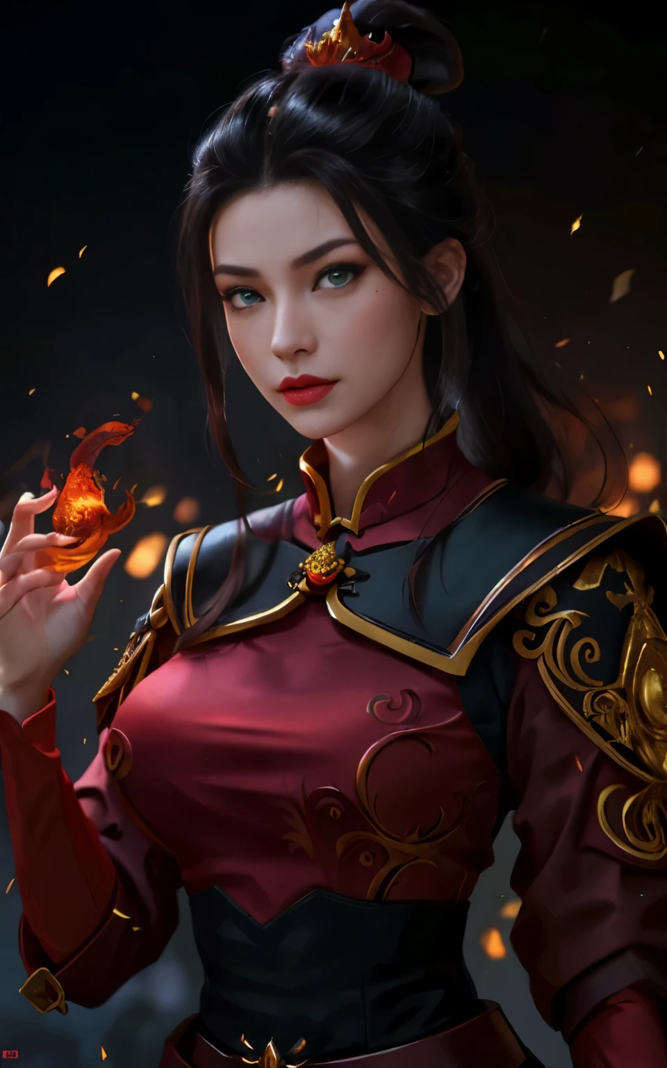 Azula in a red dress with a dragon on her chest, (4k), (masterpiece), (best quality),(extremely intricate), (realistic), (sharp focus), (award winning), (cinematic lighting), 1girl, 18 year old, caucasian, green eyes, perfect eyes, perfect iris, perfect pupils, perfect lips,perfect nose, perfect hands, very detailed breast, perfect fingers, black hair, princess azula big breast