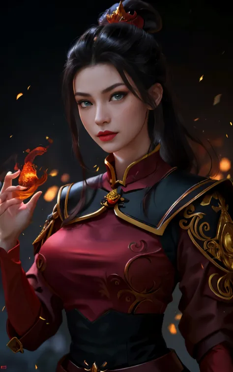 Azula in a red dress with a dragon on her chest, (4k), (masterpiece), (best quality),(extremely intricate), (realistic), (sharp ...