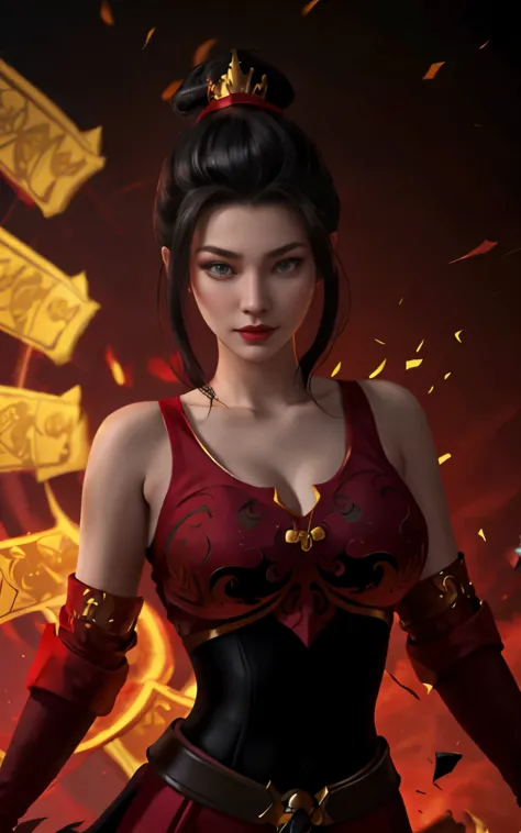 Azula in a red dress with a dragon on her chest, (4k), (masterpiece), (best quality),(extremely intricate), (realistic), (sharp ...