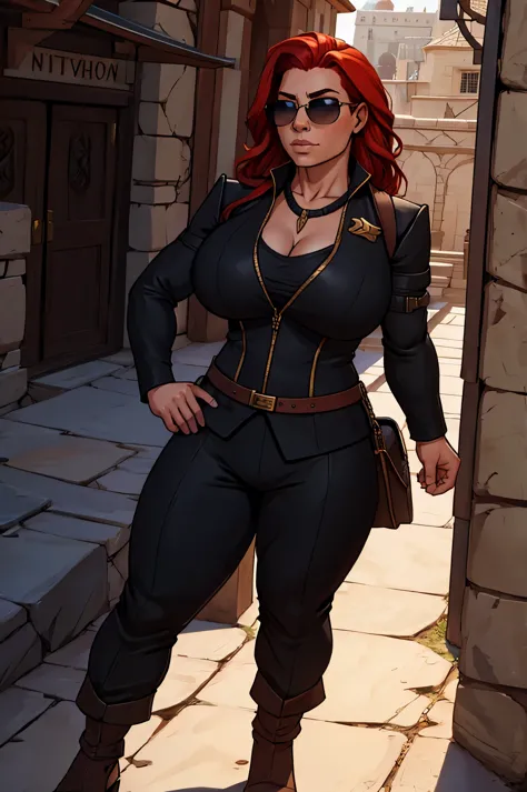Busty redheaded dwarven female with a black governmental suit and aviators