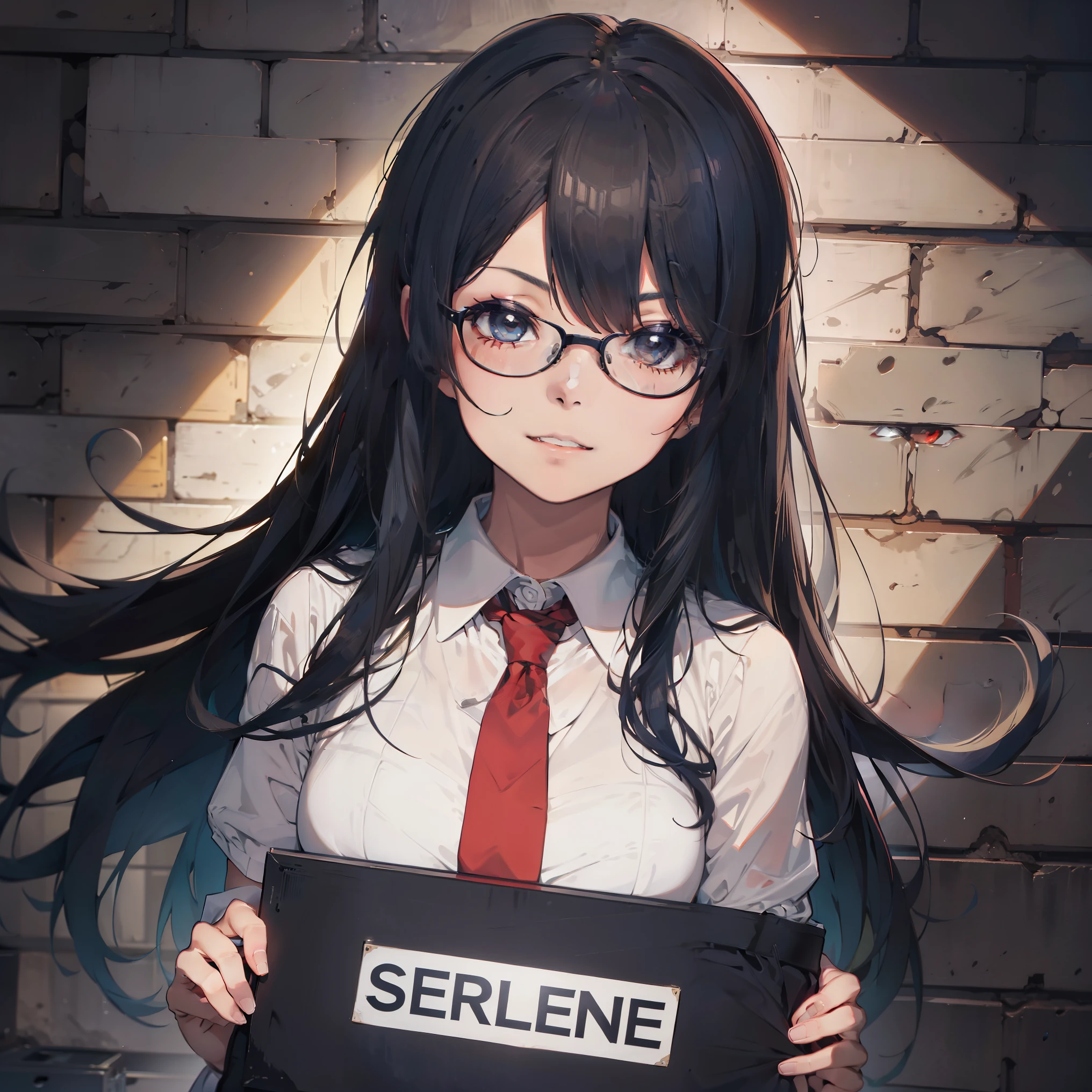 masterpiece, better quality, dynamic light, woman, black long hair, red rimmed glasses, navy blue work clothes, rebellious look, Pose from the front, Holding a sign in hand, detailed background, height graphic background