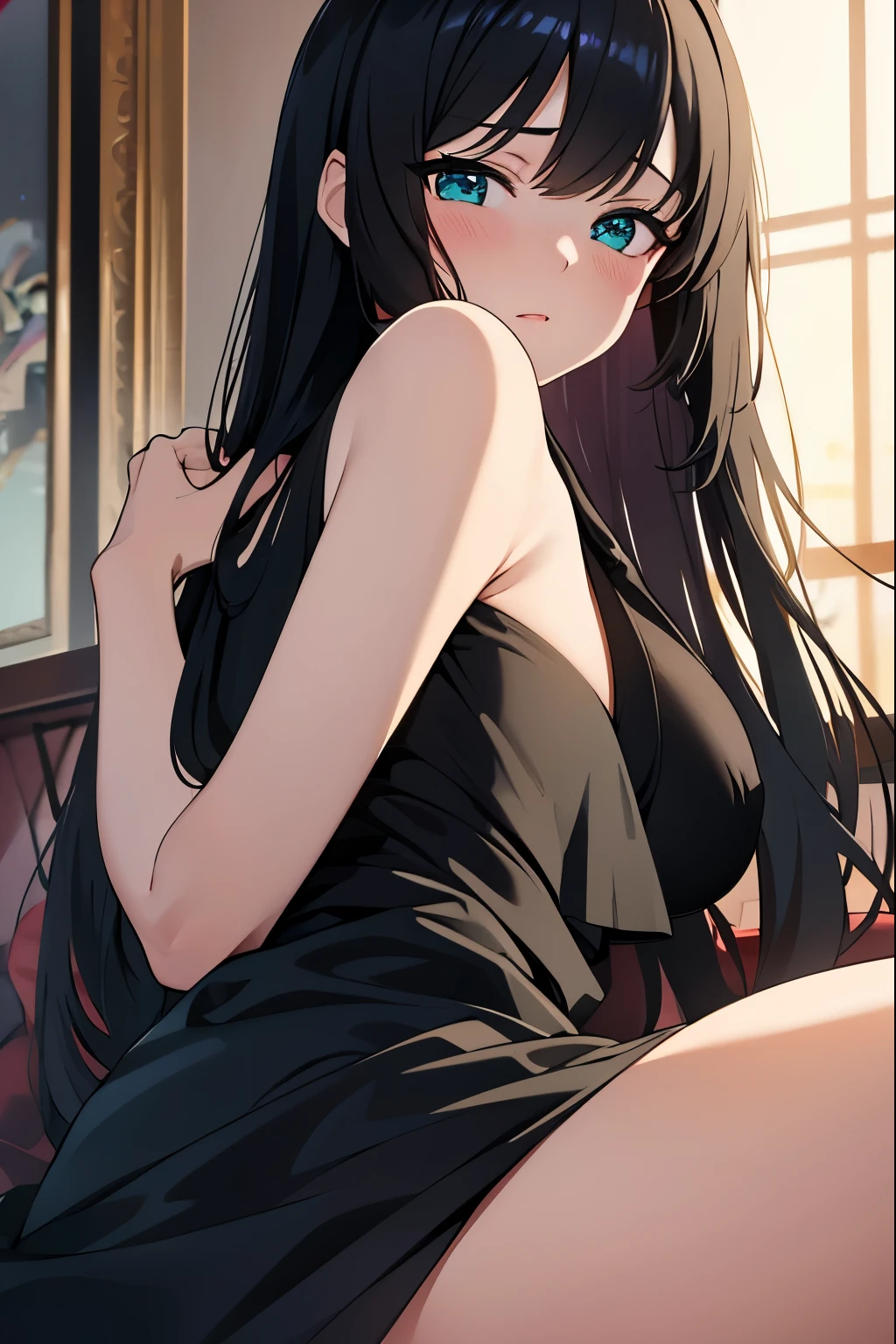 Anime girl in black dress sitting on a couch with her legs crossed - SeaArt  AI