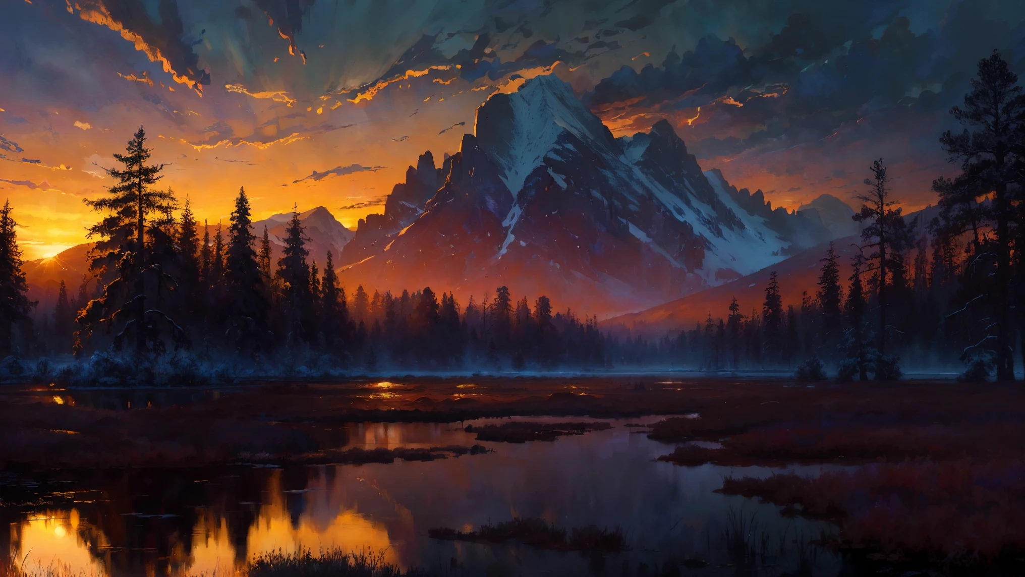 (masterpiece, best quality, high quality, highres:1.4), detailed, extremely detailed, ambient soft lighting, 4K, landscape, (dusk, setting sun, darkening sky:1.3), swamp, mire, mist, mountains in the background, crooked trees, darkness, dark fantasy, gothichorrorai