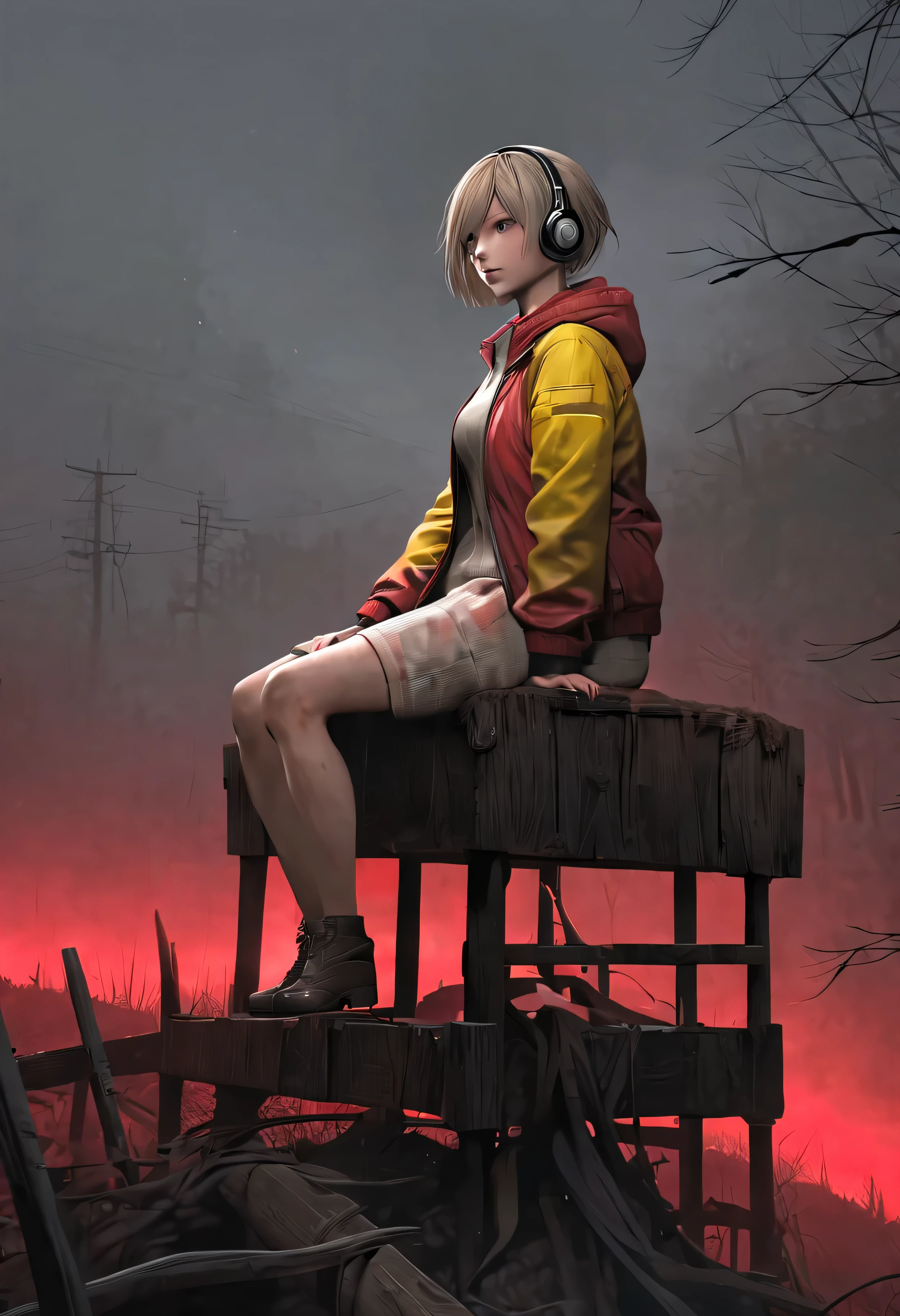 Heather de Silent Hill, porter des écouteurs, assis sur une clôture en bois sur une colline extrêmement brumeuse. L&#39;image montre le corps entier, les couleurs prédominantes étant le gris, blanc, jaune, Et rouge. Shes wearing a blanc windbreaker jacket, ses cheveux sont vraiment courts, comme une coupe de lutin.