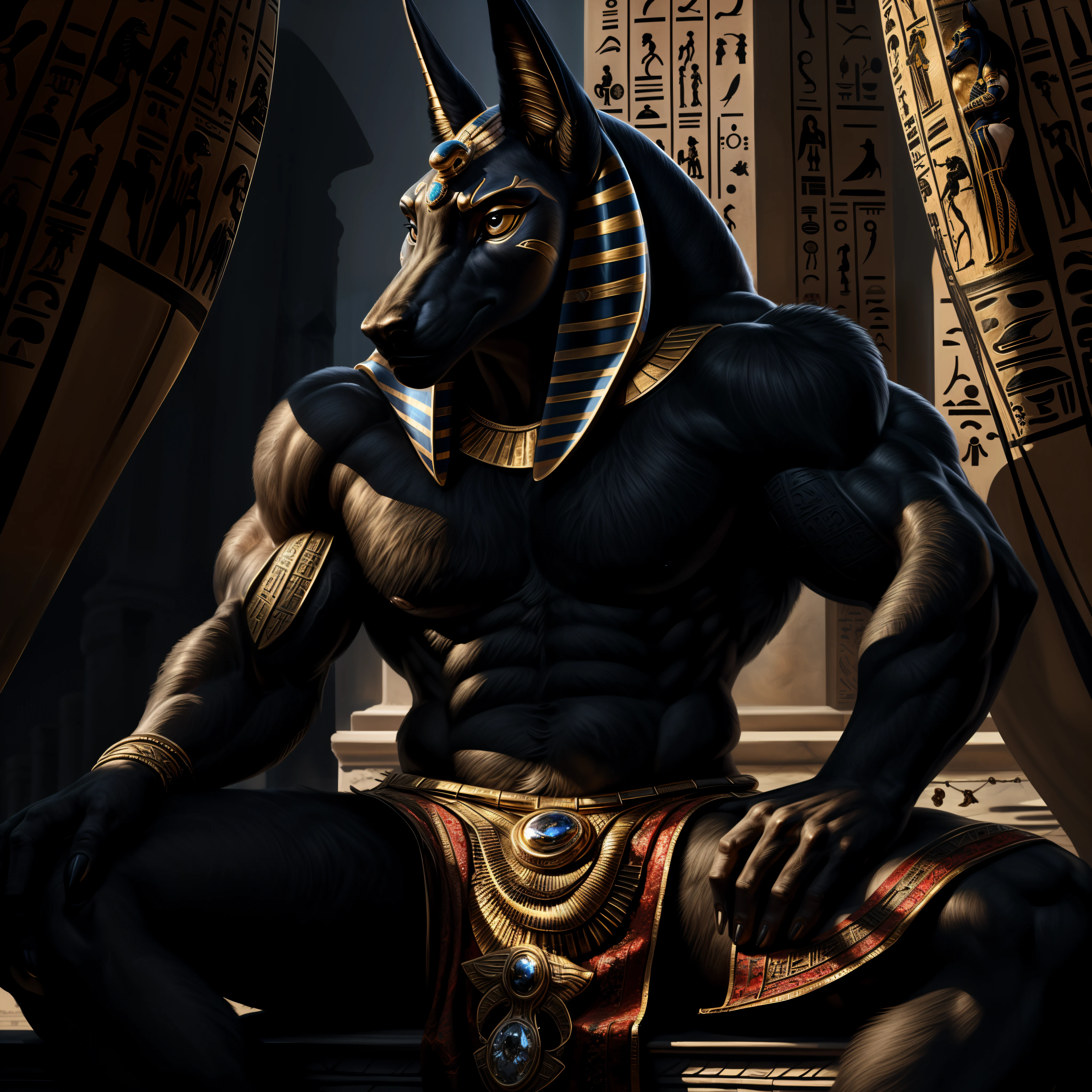 ((actual)), Upload to E621, by Garmash,Ruan Jia, black gem, human nature, male, ((( fine fluffy fur))), ((sitting)), detailed actual painting, (((biceps))), (((shadow))) extreme details, ((Anubis)), loincloth, black body，remains，Egyptian gold jewelry