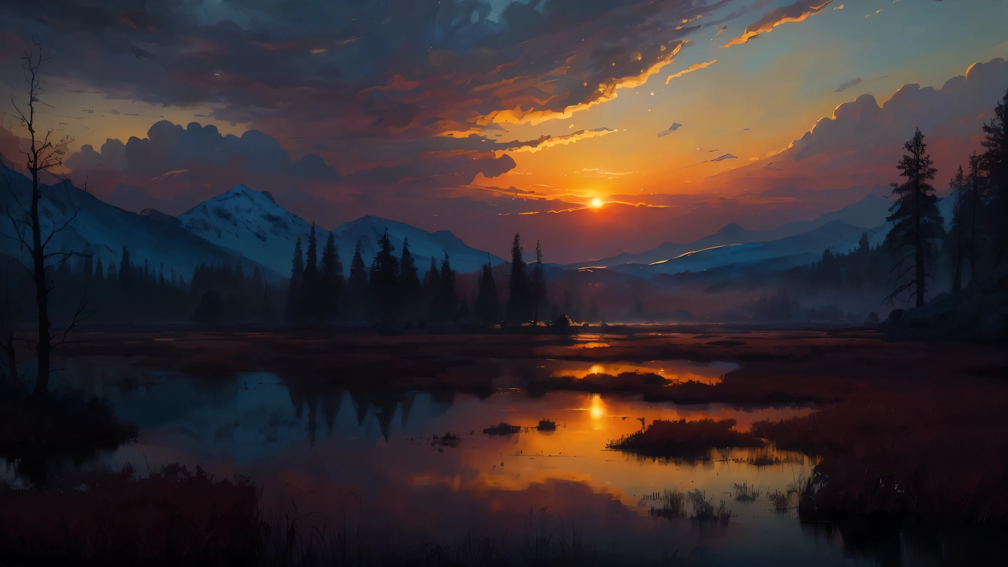 (masterpiece, best quality, high quality, highres:1.4), detailed, extremely detailed, ambient soft lighting, 4K, landscape, (dusk, setting sun, darkening sky:1.3), swamp, mire, mist, mountains in the background, crooked trees, darkness, dark fantasy, gothichorrorai