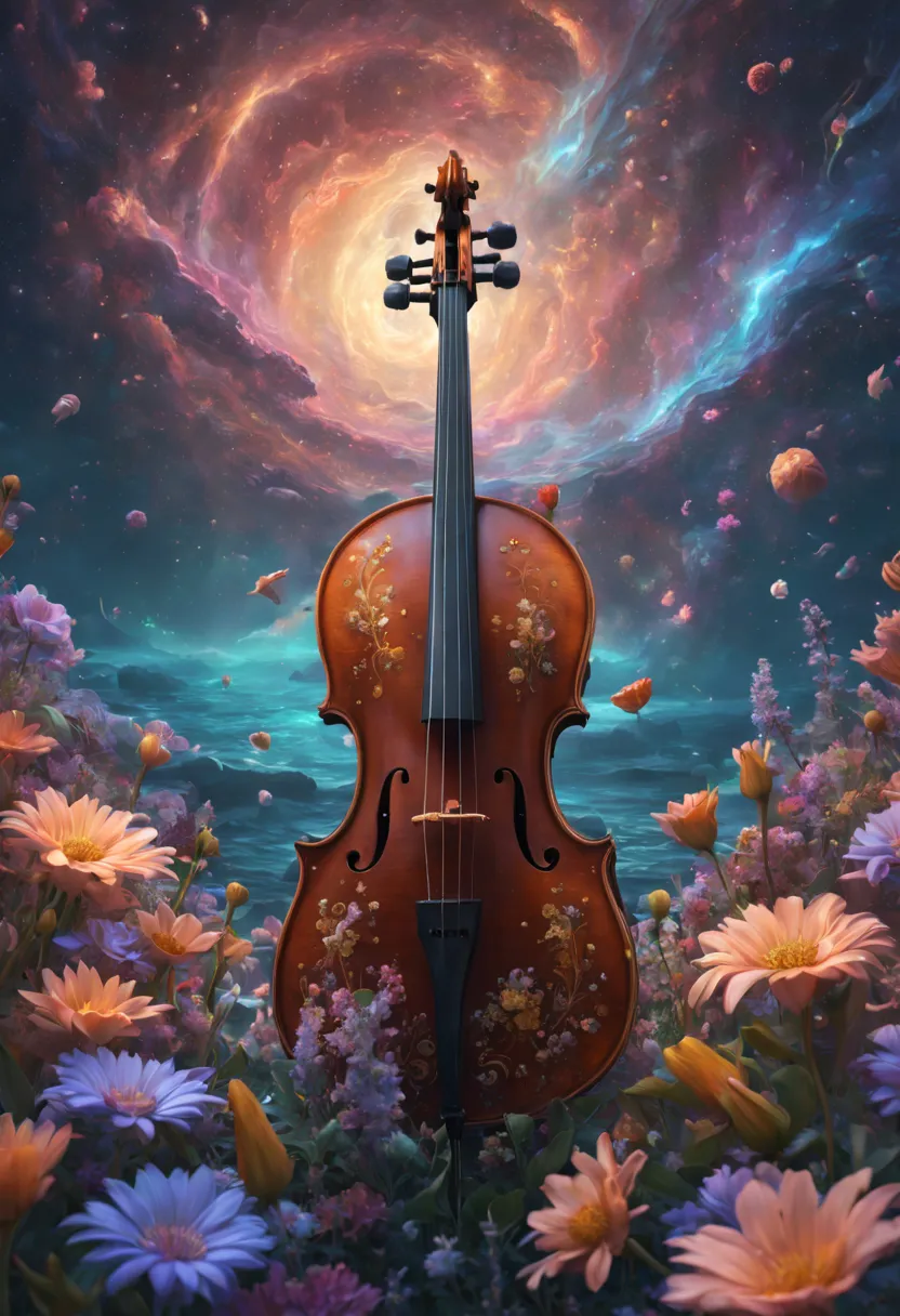 sea of flowers, aesthetic, "old cello covered in celestial cosmic flowers"; detailed matte painting, deep color, fantastical, in...