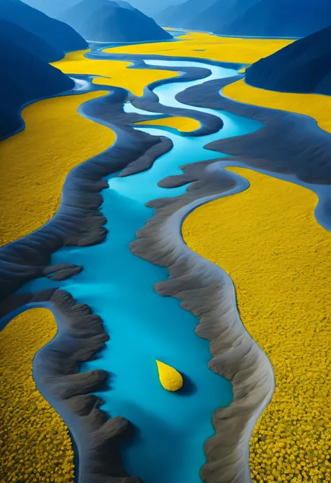 a large teardrop shaped river，Surrounded by dense yellow petals, blue lake, National Geographic photography style, Exaggerated v...