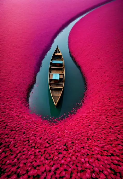 ：A boat surrounded by dense petals, National Geographic photography style,Exaggerate visual composition and color，bird&#39;s eye...