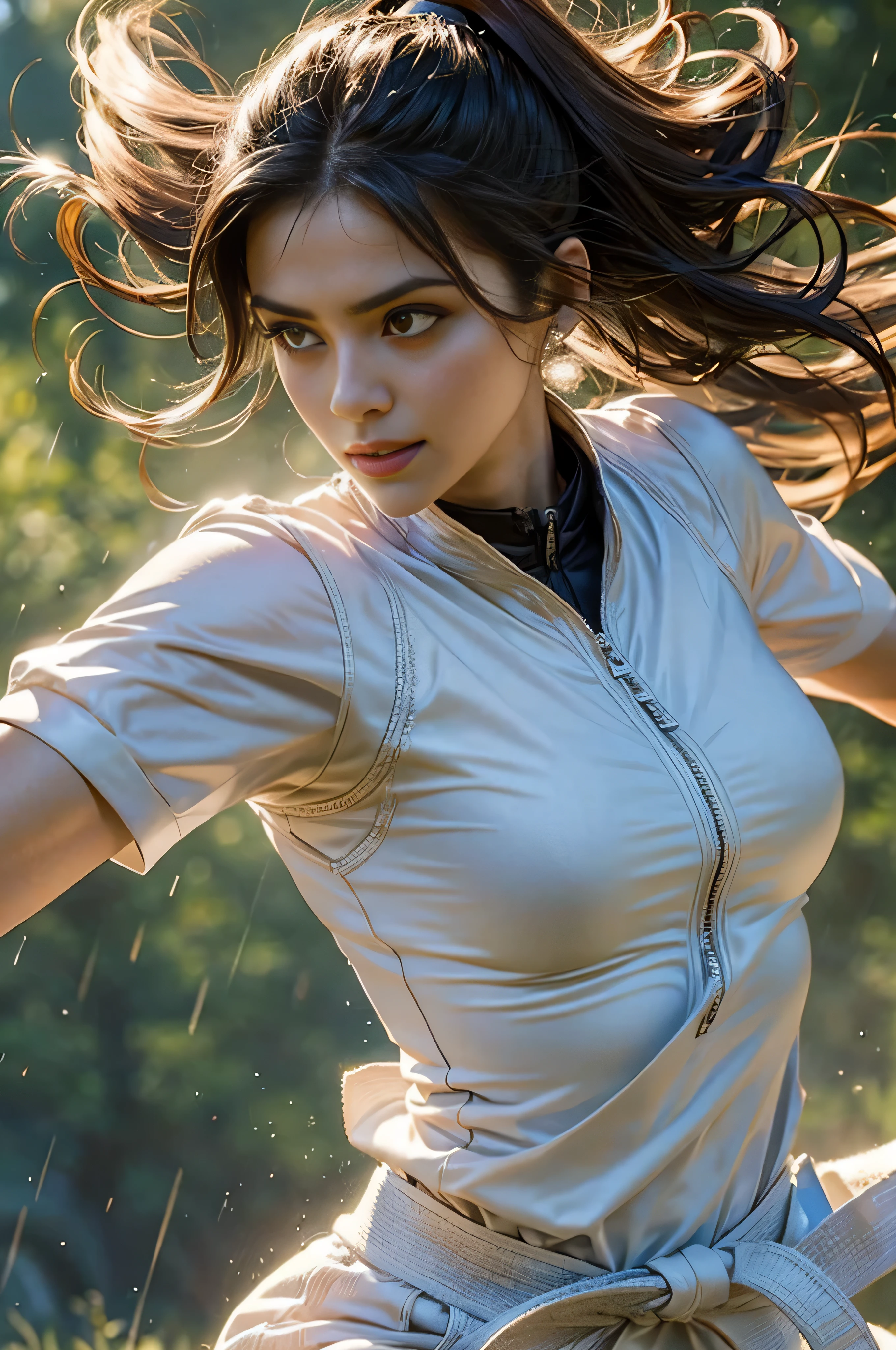 A beautiful 25 year old woman is doing a 空手道 sidekick in the air in a meadow while the sun shines on her face, 她的衣服被雨水浸湿了, 武术, 空手道, 跆拳道踢腿, kung fu, 武术,8千, 鲍里斯·瓦列霍 (Boris Vallejo) 风格