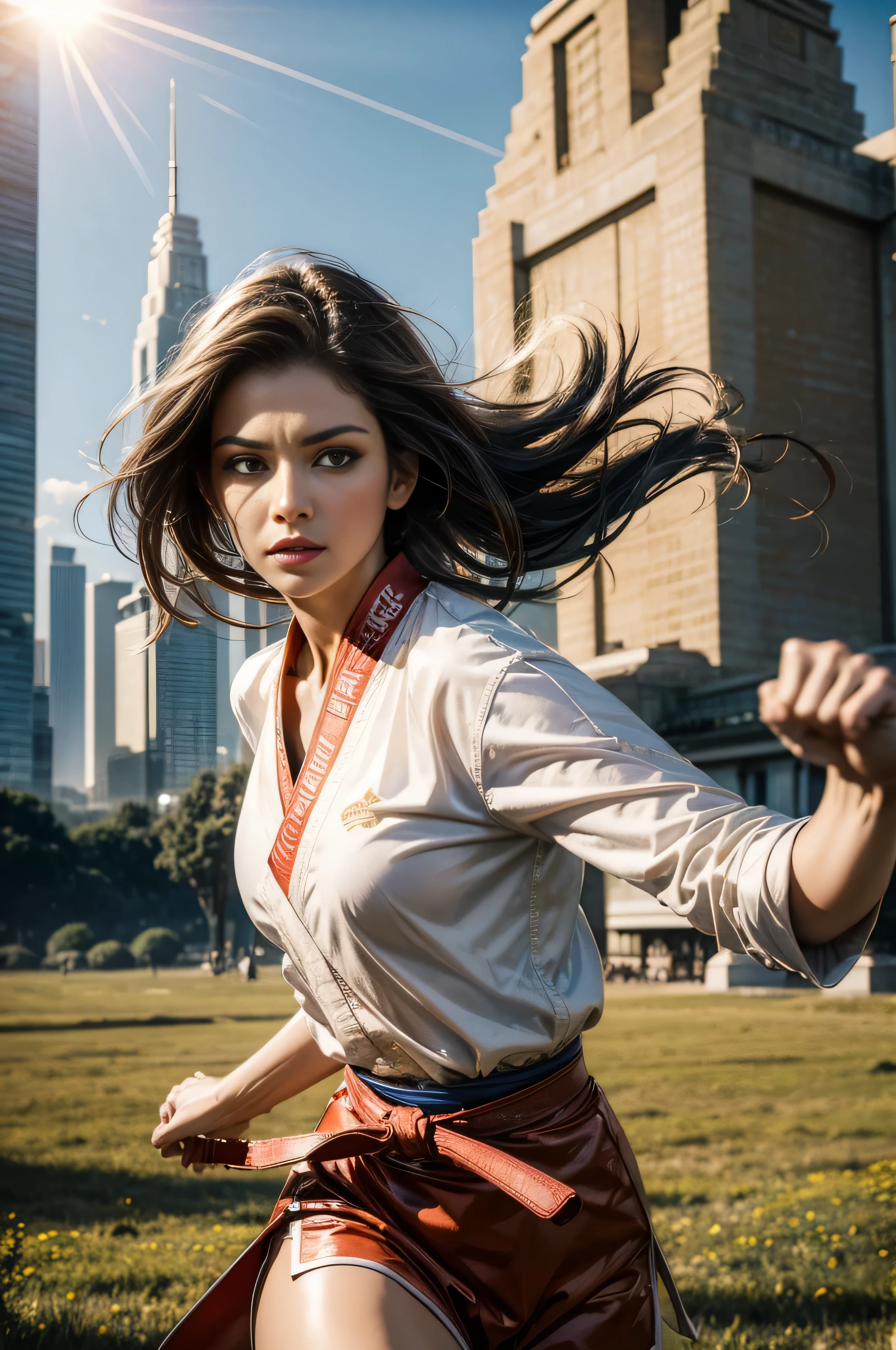 A beautiful 25 year old woman is doing a 카라테 sidekick in the air in a meadow while the sun shines on her face, 그녀의 옷은 비에 젖어 있다, 무술, 카라테, 태권도 발차기, 쿵푸, 우슈,8K, 스타일 보리스 발레호