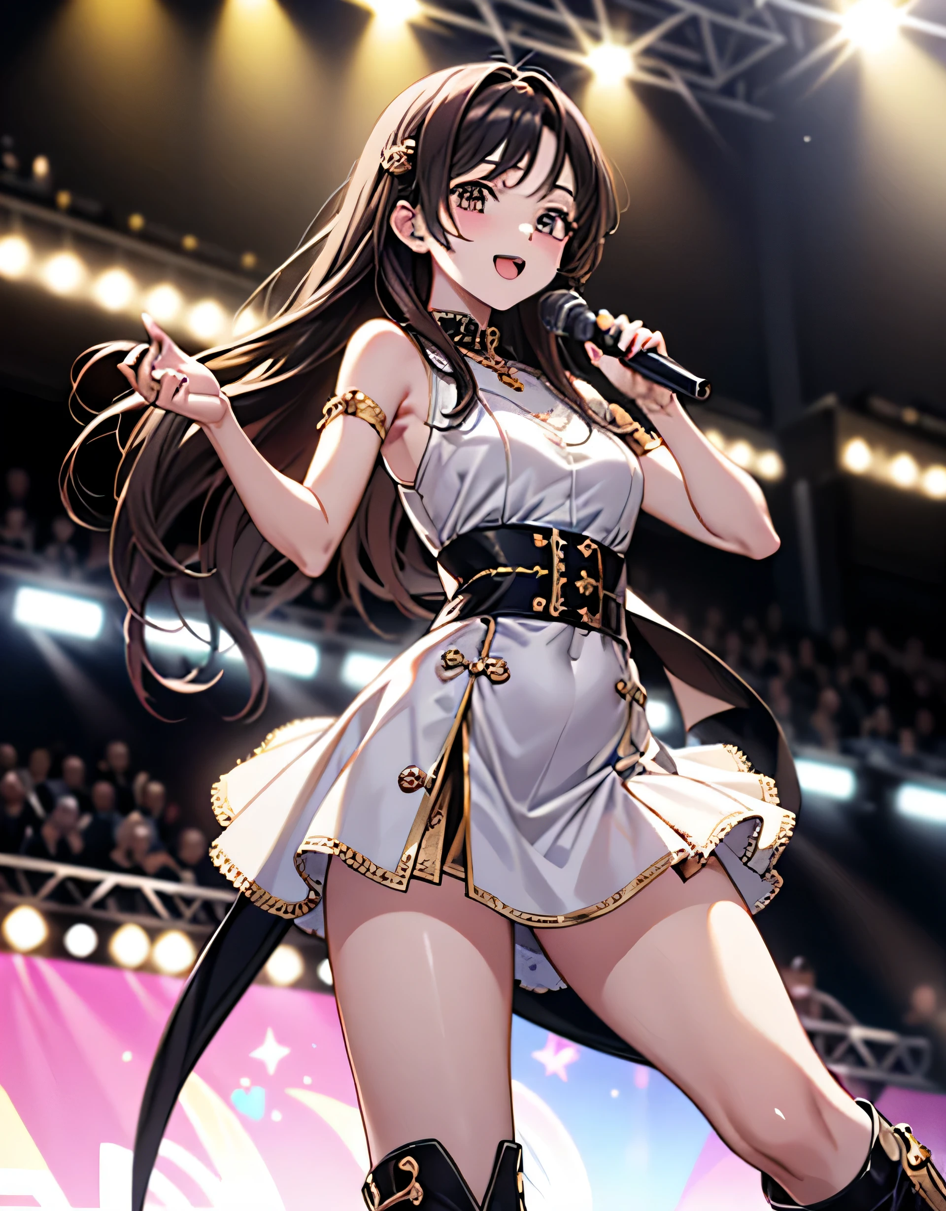 masterpiece, realistic, photorealistic, anime style, Detailed prompts for illustrations of idol singers singing live on stage:

Idol singer standing in the center of the stage.
Boots worn by idol singers.
Idol singers have long hair.
Idol singer singing with a microphone in hand.
Idol singers move their bodies according to the lyrics.
Fans gathering around an idol singer.
Fans are rooting for the idol singer.
The stage is brightly lit.
There&#39;s a big screen behind the stage、.
Images of idol singers will be displayed on the screen.
The idol singer&#39;s singing voice echoes throughout the venue..
Fans mesmerized by the singing voice of an idol singer.
Idol singer brings joy to fans.
This is an illustration that expresses the excitement of an idol singer&#39;s live performance.. Fans are captivated by the idol singer&#39;s singing voice and performance. Idol singer brings joy to fans.