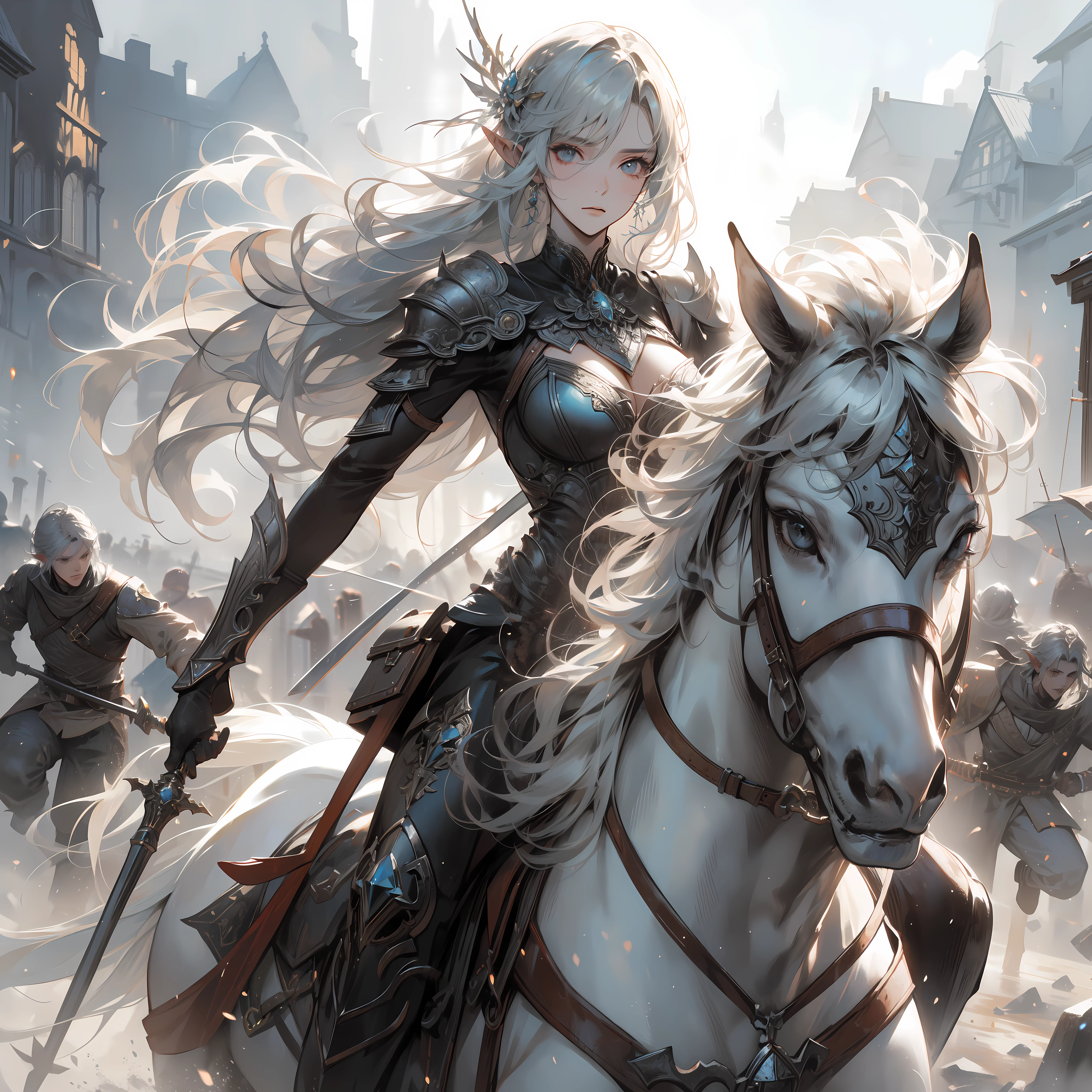 an medium white hair elf woman Hunter ((riding)) a horse, medium breast, in the ruined kingdom, fight against demon Lord, dynamic ground pov, Viewed from a distance, detailed face, watercolor painting, hyperdetailed, style by Yoji Shinkawa, by mikimoto Haruhiko, full body, dynamic pose, perfect anatomy, centered, , soul, approach to perfection, cell shading, 8k, cinematic dramatic atmosphere, speed effect, particle effect, fantasy