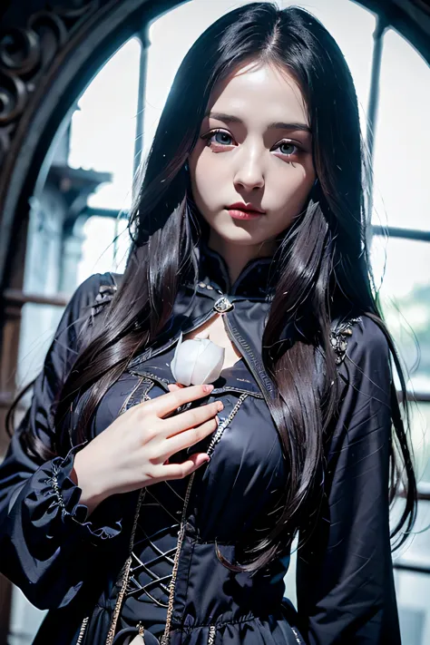 ８ｋ、high resolution、beautiful girl of the wizard、gothic costume、young、white skin,、narrow eyes,high nose,lighting that illuminates...