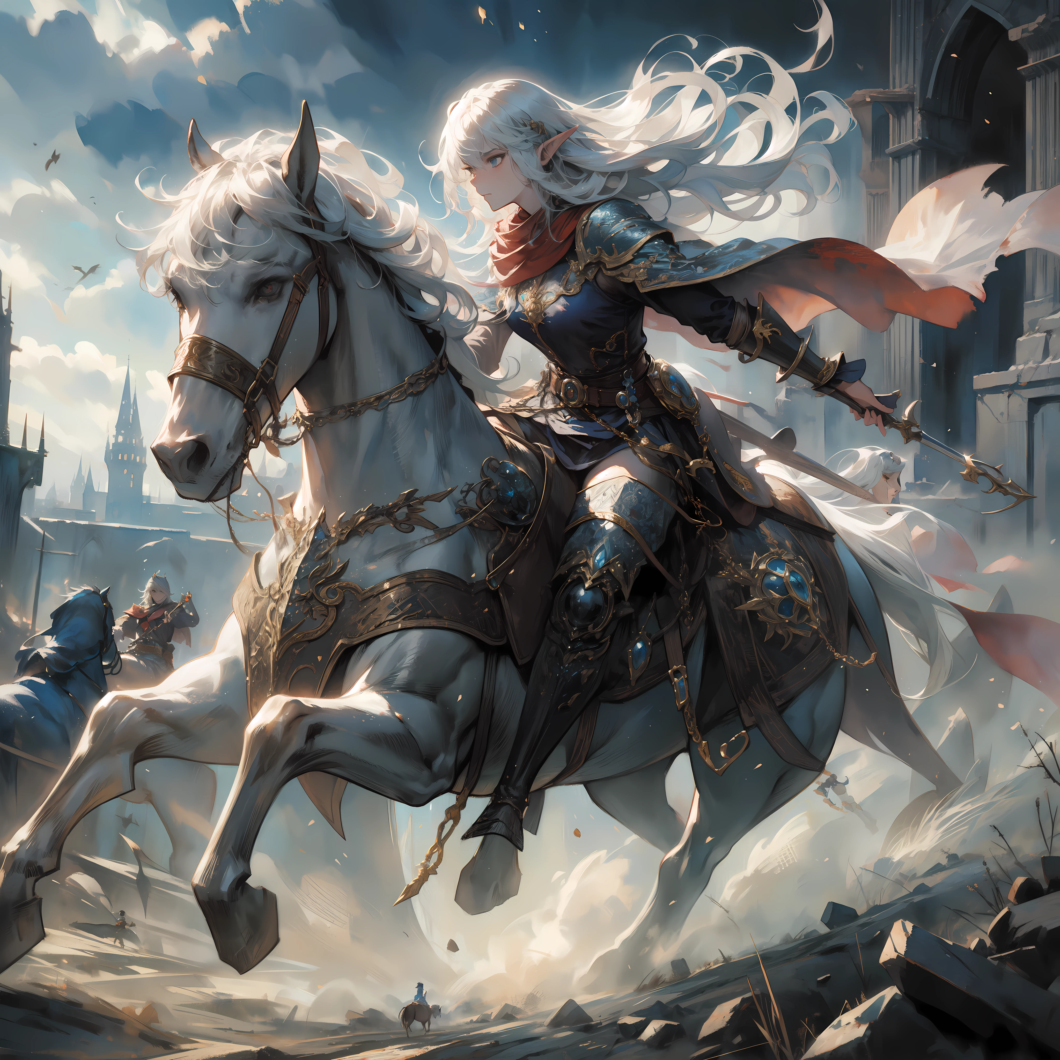 an medium white hair elf woman Hunter riding a horse, in the ruined kingdom, fight against demon Lord, dynamic ground pov, Viewed from a distance, detailed face,  by Artgem, Dynamic shot, Dynamic pose, Hayao Miyazaki, Mikimoto Haruhiko, frank frazetta, Cinematic Dramatic atmosphere, fantasy, 8k, watercolor painting