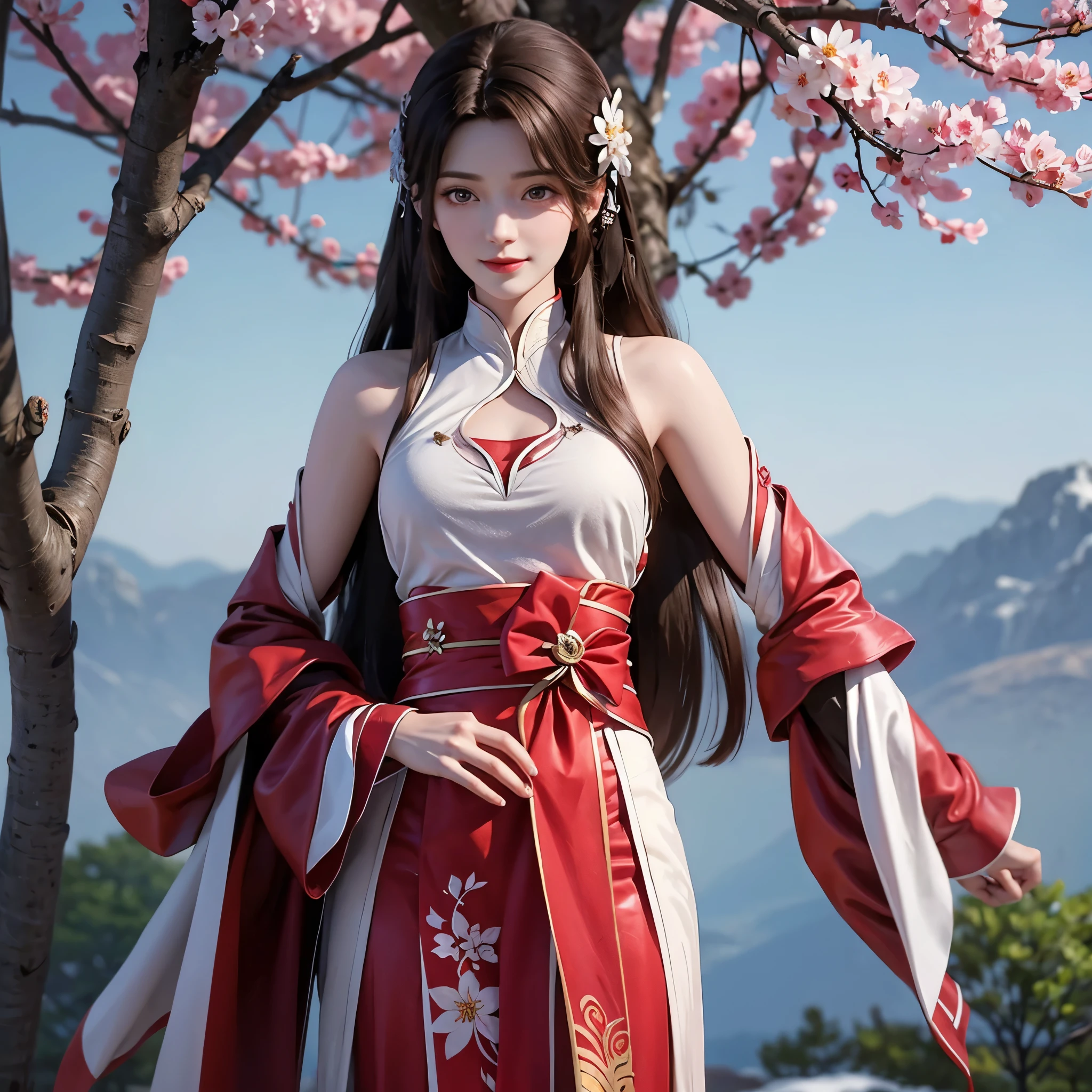 Hermosa chica con cabello largo y castaño, ojos marrones brillantes, dulce sonrisa, piel blanca como la nieve,Her long hair is decorated with red mulberry flowers 🏵️,La niña vestía un sencillo hanfu blanco con una tela roja atada a su cintura., Entorno de bosque lleno de moreras ,flores de sakura, Hermosa apariencia oriental en un simple hanfu ,