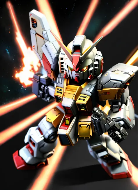 ((SF))、(masterpiece)、highest quality、Highly detailed CG Unity 8k wallpaper、((SD Gundam 1.4))、(F91 キー)、sharp gaze、Fight against enemies with a beam rifle、dance in the air、Flying through the sky like a comet、surrounded by fin funnels、chibi character、backgrou...
